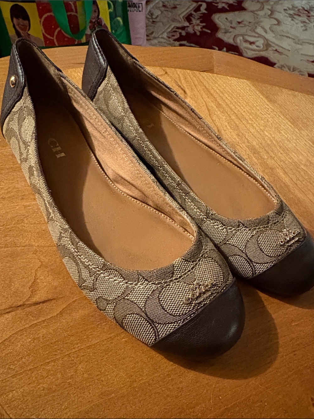 Coach Brown Signature Canvas Ballet Flats with Dark Brown Leather Cap Toe